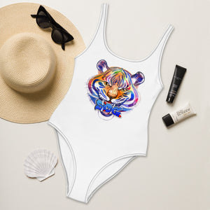 South Central Girl Multicolor Tiger White with Black Stitching One-Piece Swimsuit